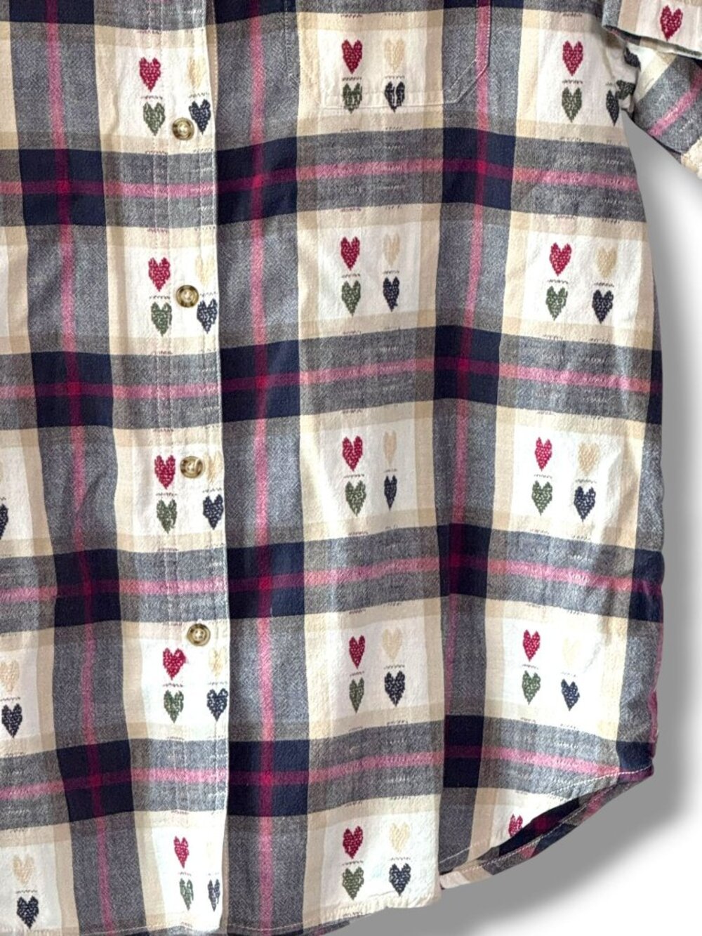 Vintage 80s Plaid Woven Hearts Cotton Short Sleeve Shirt Button Front - M - Picture 7 of 14